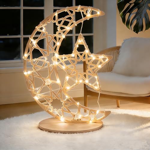 EUBUY Ramadan Decorations Moon Ramadan Lights for Table Home 2026, 27.55 x 19.68 Inches Wooden Mubarak Decoration Lamp Eid Al Adha Gift for Home Bedroom Floor Yard Lawn Islamic Outdoor Decor - color: Moon + Star M