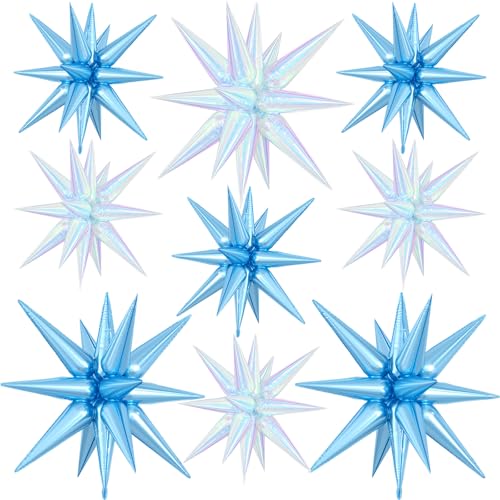 9Pcs Blue Iridescent Star Balloons, Explosion Spike Foil Balloons Party - color: Iridescent + Light Blue
