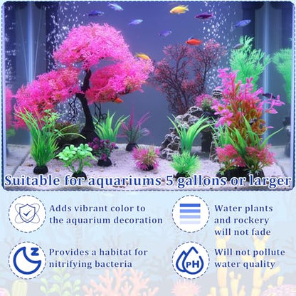Suncalla 16 Pcs Aquarium Decor Artificial Plastic Plants Bulk Decorations Cave Rock Pink Cherry Blossom Tree Goldfish Betta Fish Tank Decorations Hides Accessories for Household Office Fish Tank