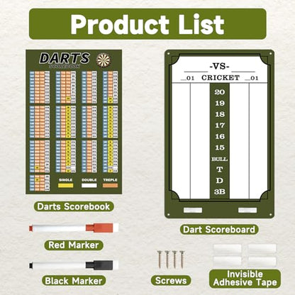 Darts Scoreboard - Dry Erase Dart Scoreboard for 301, 501 and Cricket Games - Come with Darts Scorebook & 2 Pens