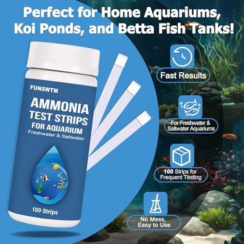 Ammonia Test Strips for Fish Tank: 100 Count Aquarium Ammonia Test Strips for Saltwater & Freshwater Aquariums & Ponds – Ammonia Test Kit with Test Tube Thermometer Stick - size: 1 in 1 - 100 Count