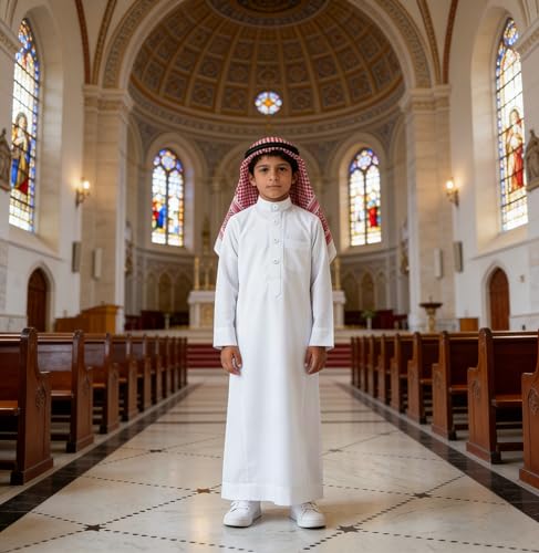 Kids Islamic Traditional Set, White Thobe with Keffiyeh Headscarf, Cool Comfortable Casual Wear for Boys - size: 11 Years