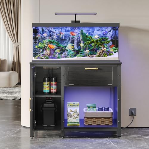 Bestier 40-50 Gallon Fish Tank Stand with Power Outlet&LED Light, 37x18 Heavy-Duty Metal Aquarium Stand with Cabinet&Drawer for Accessories Storage, Suit for Reptile/Turtle Terrarium,660Lbs Capacity