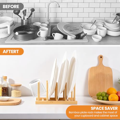 Bamboo Wooden Dish Rack-Plate Pot Lid Cutting Board Organizer Holder Rack | Kitchen Cabinet Organizer for Dish, Pots, Lids, Bowls, Bottles, Books, and Puzzle - color: Bamboo 4 Slots 1pcs