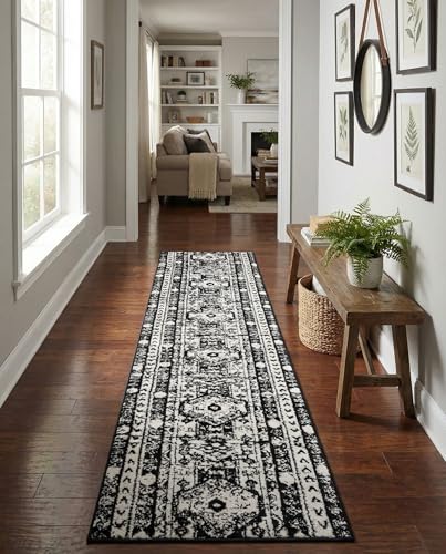 Rugs.com - Oregon Rug – 12 Ft Runner Black and White Easy-Clean Runner Rug – Rustic Tribal Design for Hallways, Entryways, and Long Corridors - color: Black and White, size: 2'2" x 12' (Runner)