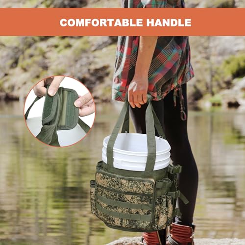 MYDAYS Fishing Bucket Organizer, Fishing Tackle Bag for Men, Rod and Tackle Boxes Holder Bag with Adjustable Buckle, Bucket Not Included (Green Camo)