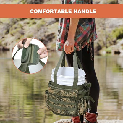 MYDAYS Fishing Bucket Organizer, Fishing Tackle Bag for Men, Rod and Tackle Boxes Holder Bag with Adjustable Buckle, Bucket Not Included (Green Camo)