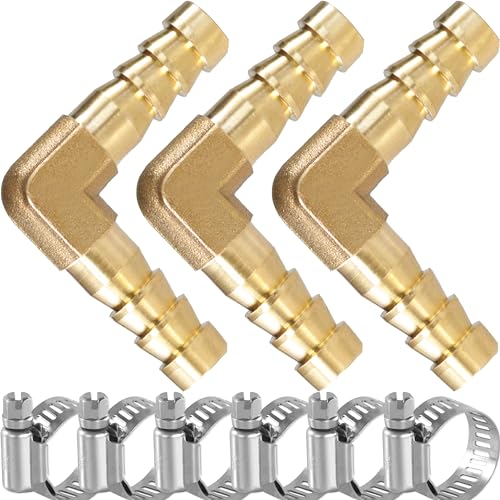 Brass Hose Barb,90-deg L Right Angle Elbow Hose Barb Fitting 5/16" Barb Splicer Mender with Stainless Steel Pipe Clamps，Air hose repair kit for Pipe line Fuel Air Oil (5/16 3Pcs)