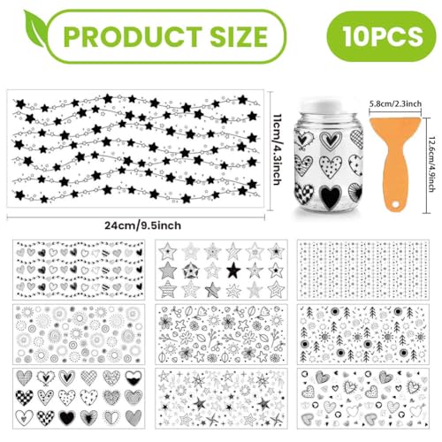 arricraft 10 Sheets Black and White Geometric Patterns UV DTF Cup Wrap for 16OZ Glass, Hearts Stars Flowers Rub on Decals PVC Transfer Stickers for DIY Cups Window Home Printing Decoration 24x11cm - style: Hearts Stars Flowers Theme