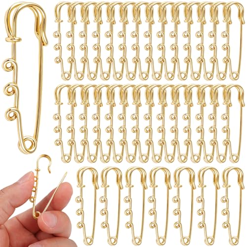 Pale Gold Safety Pins 60 PCS Brooch Pin Kilt Pin with Loops-2 Inch Heavy Duty Blanket Safety Pins Kilt Pins with 3 Loops for DIY Jewellery Clothes Crafting-50mm - color: Pale Gold-2 Inch-60pcs-3 Loops