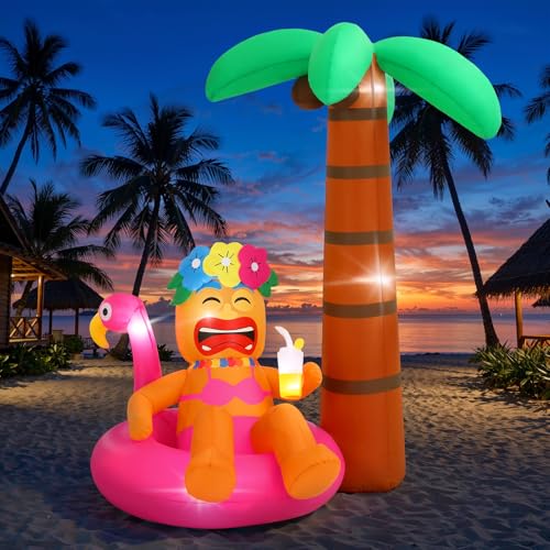 Lewondr 6FT Inflatable Tiki Luau Decor, Flamingo Coconut Palm Luau Party Decorations, Blow up Hawaiian Outdoor Decoration with 7 LED Lights, Summer Outdoor Inflatable for Tropical Pool Beach Yard Lawn - style: Flamingo Coconut Palm