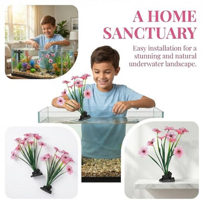 Veemoon 2 Pcs Pink Aquarium Artificial Plants, 7.47 Inch Tall Fake Lotus Flower Decor, Plastic Betta Fish Tank Desktop Bowl Accessories