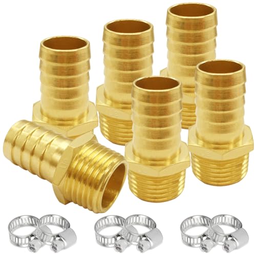 Uenede Brass 1/2" NPT Male to 1/2" Hose Barbed Fittings, 6PCS | Barb Pipe Fittings with Clamps Air Line Repair Connectors for Water Oil Gas - size: 1/2"Barb, style: 1/2"NPT Male