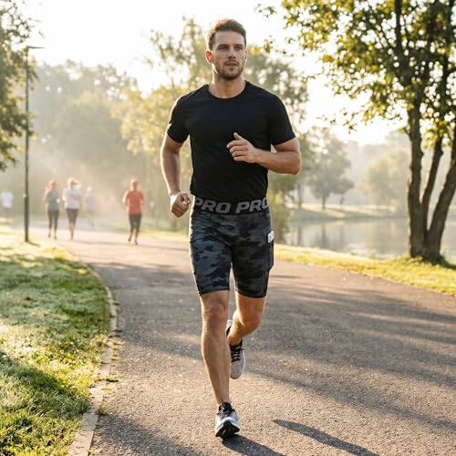 LANBAOSI Mens Compression Shorts with Phone Pocket Running Gym Yoga Athletic Tights Baselayer Summer Cool Dry Underwear Pack - color: Camo Black, size: X-Large