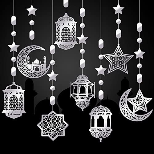 Zonon 24 Pcs Islamic Star Moon Lantern Ramadan Garland Eid Decoration Streamer Ramadan Mubarak Party Banner Backdrop Shining Hanging Wall Decorations for Home Wedding Decor Islam Party(Silver) - color: Silver