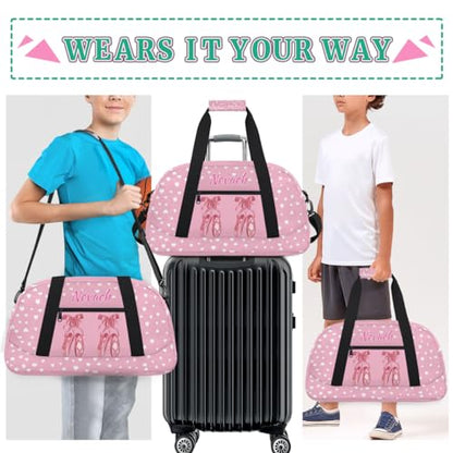 Personalized Dance Duffle Bag for Women Girls, Custom Duffel Bag Toddler Workout Gym Bag, Pink Ballet Shoes with White Love Hearts Pattern, Pink Background - color: Color27