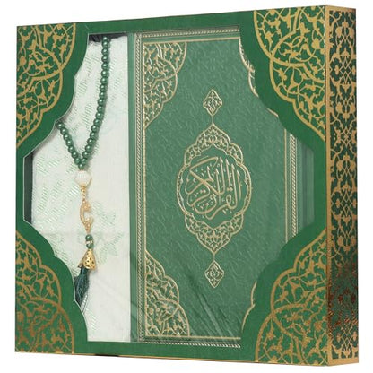 Modefa Prayer Rug Islamic Gift Set - Holy Quran in Arabic - Velvet Box with Quran and Tesbih (Green) - color: Green