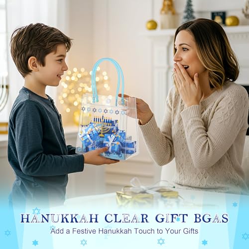 Aliceset 24 Pcs Hanukkah Gift Bags Bulk PVC Tote with Handles Clear Reusable Favor Bags with Star of David & Menorah Design for Hanukkah Party Decorations Supplies, 6.31" x 5.91" x 3.15" - style: Hanukkah