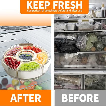 Divided Serving Tray with Lid and Handle, Portable Snackle Box Container for Fruits Snacks Charcuterie Organizer, Spinning Rounded Veggie Tray for Kitchen, Party, Travel and Picnic - size: 6 Compartments