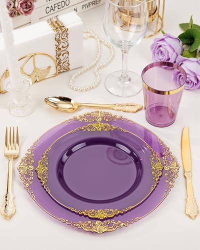 Nervure 175PCS Clear Purple Plastic Plates - Purple Party Plates Set for 25 Guests Include 25Dinner Plate, 25Dessert Plate, 25Cups, 75 Cutlery, 25Napkins Perfect for Wedding, Party & Bridal - color: Transparent Purple, style: 175Pcs(25Guests)