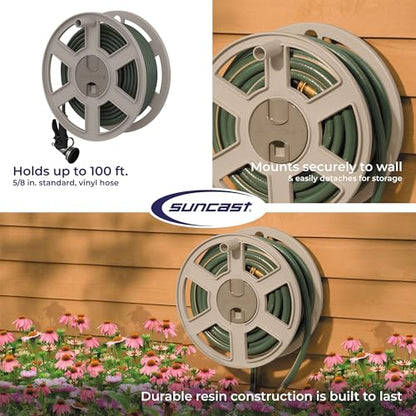 Suncast Sidewinder Wall Mount Garden Hose Reel, 100 Feet Capacity for 5/8 Inch Standard Vinyl Hosepipe, Light Taupe – Resin Water Line Holder for Lawn, Gardening and Outdoor Watering - size: 100 feet