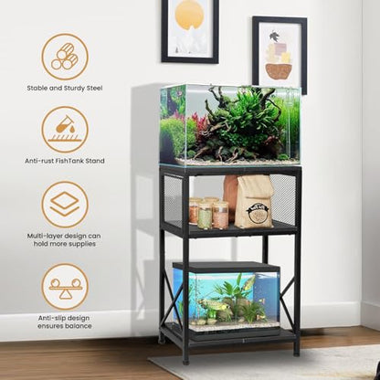 SwaaVee Fish Tank Stand, 10 Gallon Aquarium Stand, 3-Tier Metal Storage Shelf, 20.47"×11.42"×31.69" Heavy Duty Terrarium Stand for Home Office Fish Tank Shelf, Black - color: Rustic Black