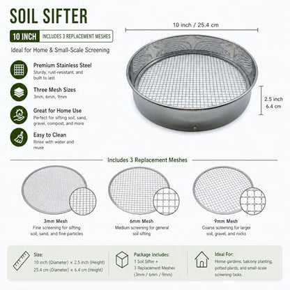 Soil Sifter Set with 3 Sieve Meshes for Rock and Sand - Stainless Steel