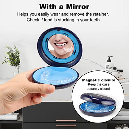 Retainer Case, Slim Aligner Case with Adjustable Vent Holes and Mirror, Compatible with Invisalign, Night Guard and Mouth Guard, Premium Retainer Case, With Aligner Remover Tool, Chew & Brush, Blue - color: Round: Blue