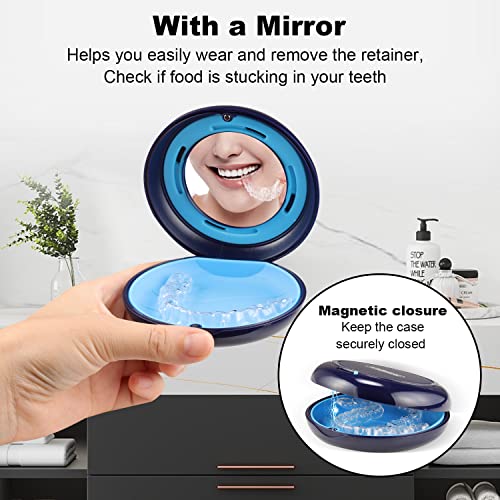 2PCS Retainer Case with Mirror and Adjustable Vent Holes, Compatible with Invisalign - color: Round: White+Blue
