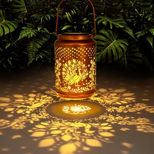 YISITEONE Peacock Outdoor Solar Lanterns, Garden Waterproof Metal Hanging Decor Lights for Patio Yard Pathway Lawn Front Porch, Birthday Gardening Gifts for Women Mom Grandma - style: Peacock
