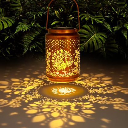 YISITEONE Peacock Outdoor Solar Lanterns, Garden Waterproof Metal Hanging Decor Lights for Patio Yard Pathway Lawn Front Porch, Birthday Gardening Gifts for Women Mom Grandma - style: Peacock