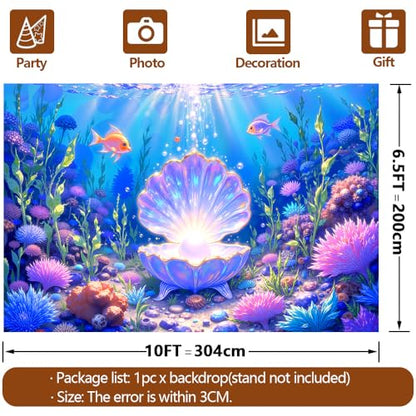 10x6.5FT Mermaid Backdrop Under The Sea Party Decorations | Underwater Ocean Scene with Giant Shell & Pearl,Coral Reef Fish Aquarium Background for Photography Kids Birthday Baby Shower - size: 10x6.5 FT