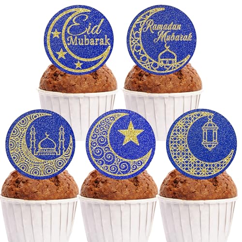 30 Pcs Eid Mubarak Paper Cupcake Decorations, Featuring a Shiny Gold and Blue Moon and Stars, Themed for Lslamic Muslim Parties