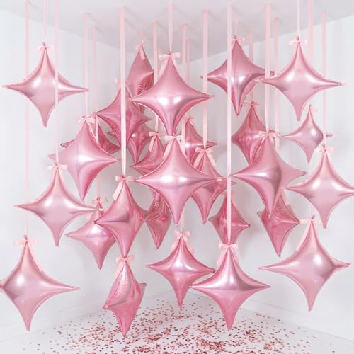 TaoBary 30 Set Pink Star Balloons, 26 Inch Large Four Angle Star Shape Foil Helium Balloons and Satin Ribbon Bows with Twist Tie for Birthday Anniversary Baby Shower Wedding Decorations - color: Pimk