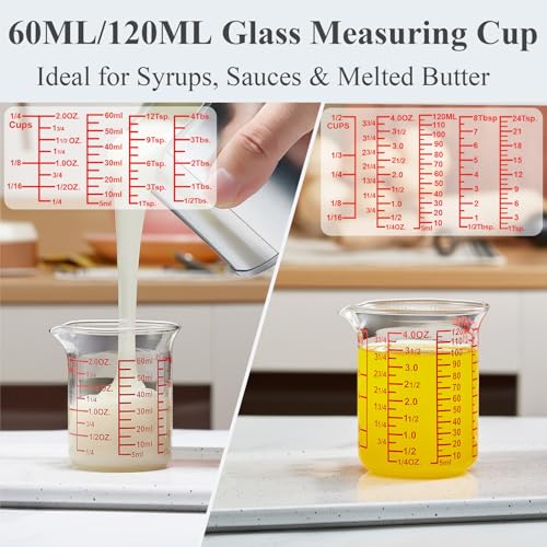 Ackers High Borosilicate Glass Measuring Cup Set with Pour Spout,60ml(2OZ),120ml(4OZ), 250ml(8OZ), 500ml(16OZ), 1000ml(32OZ) Glass Measuring Beaker for Kitchen or Restaurant, Easy to Read - size: 2oz/4oz/8oz/16oz/32oz Measuring Cup Set