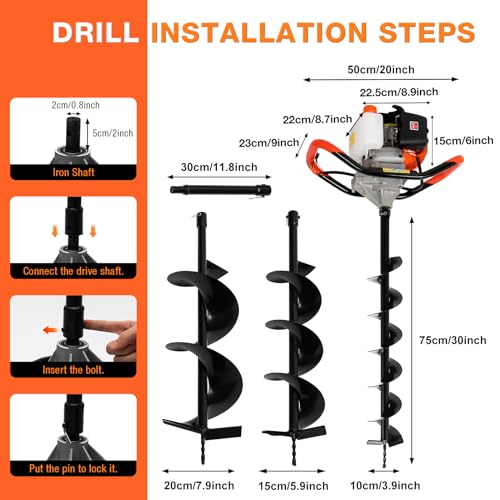 Auger Post Hole Digger, Gas Powered Earth Post Hole Digger Post Holes Earth Digger Petrol Drill Borer Bulb Planting Drill Fence Hole Maker Machine (52CC 2.3HP 1.7KW(30inch)) - size: 52CC 2.3HP 1.7KW(30inch)