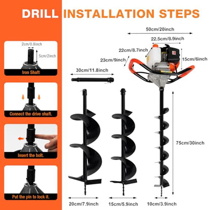 Auger Post Hole Digger, Gas Powered Earth Post Hole Digger Post Holes Earth Digger Petrol Drill Borer Bulb Planting Drill Fence Hole Maker Machine (52CC 2.3HP 1.7KW(30inch)) - size: 52CC 2.3HP 1.7KW(30inch)