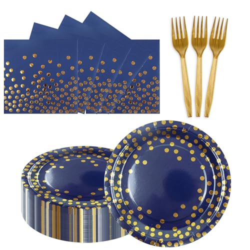 150PCS Paper Plates and Napkins Set - Dark Blue and Gold Dot Disposable Party Dinnerware Includes Paper Plates, Napkins, Forks Decorations for Birthdays, Graduations, Weddings and Holidays, Serves 50 - color: Deep Blue Gold Dot, size: 7inch-150pcs