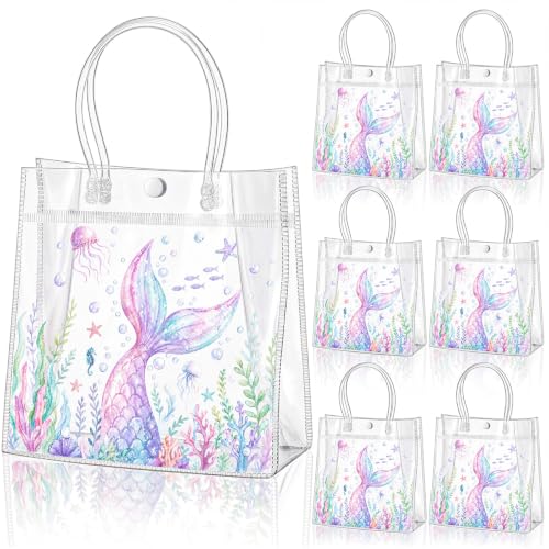 Aliceset 20 Pcs Clear Mermaid Party Favor Bags with Handles Reusable PVC Goodie Treat Bags Mermaid Party Gift for Under the Sea Birthday Baby Shower Candy Snacks, 8 x 8 x 3.15 Inch - style: Mermaid