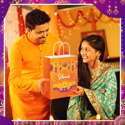 Kolldenn 12 Happy Diwali Treat Bags with Handle - Festival of Lights Gift Bags for Indian Diwali Party Decor