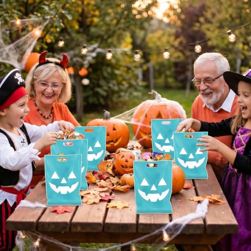 Falueqg Halloween Teal Pumpkin Favors Bags - 50 Pcs Halloween Trick or Treat Goodie Bags with New Teal Pumpkin Design, Party Supplies Plastic Gifts Pouches for Family Gathering Celebration - color: Halloween Teal Pumpkin