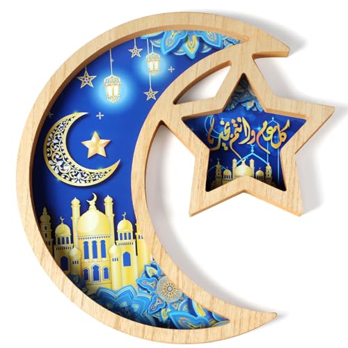Capoda Ramadan Serving Tray Decoration - Wooden Moon and Star Tray Eid Mubarak Kareem Pastry Plate Gold Blue Food Dessert Snack Fruit Plate for Islamic Gifts Muslim Home Eid Party Supplies