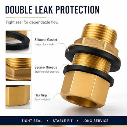 3/4 Inch Brass Bulkhead Fitting G1 Male & Female Water Tank Connector Adapter Fitting with 4 Rubber Gasket, Thru-Bulk Pipe Fitting for Rain Barrels Aquariums Ponds Industrial Plumbing - size: G3/4