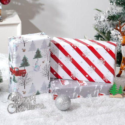 Cuitpan White Christmas Wrapping Paper Bundle for Kids Adults - Reindeer, Stripes, Woodlands, Snowflake, Red Truck Winter Scene Designs - 28 x 40 Inches, 6 Jumbo Sheets, Recycled - color: White-Christmas