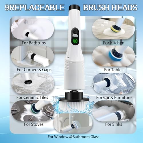 Spin Scrubber, 9-in-1 Multifunctional Electric Cleaning Brush with Detachable Handle, 9 Replaceable Brush Heads & LCD Display, Rechargeable for Bedroom, Bathroom, Kitchen, Car - color: White