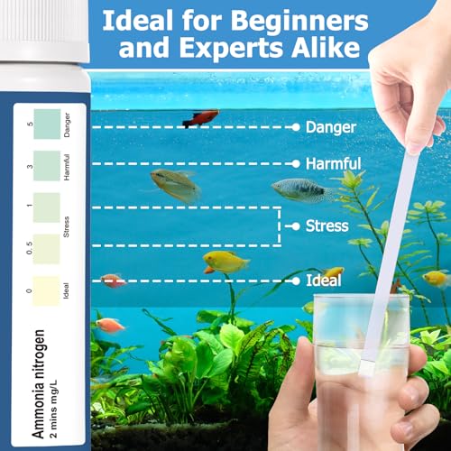 Ammonia Test Strips for Fish Tank: 100 Count Aquarium Ammonia Test Strips for Saltwater & Freshwater Aquariums & Ponds – Ammonia Test Kit with Test Tube Thermometer Stick - size: 1 in 1 - 100 Count