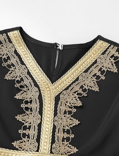OBEEII 여아용 무슬림 라마단 아바야 아동용 긴소매 브이넥 레이스 기도 드레스 중동 아랍어 카프탄 드레스 벨트 포함 - color: 블랙., size: 5~6세