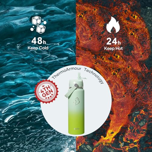 BUZIO 24 oz Insulated Water Bottle, Stainless Steel Wide Mouth Water Flask with Straw Lid, Cold for 48 Hrs Leak Proof Metal Hydro Thermo Canteen Mug, Gradient Green - color: Gradient Green, size: 24 Ounces