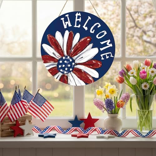 Smile Patriotic Flower Welcome Wooden Round Door Hanger, American Flag Themed Front Door Sign for 4th of July & Memorial Day Decor - style: Patriotic Daisy