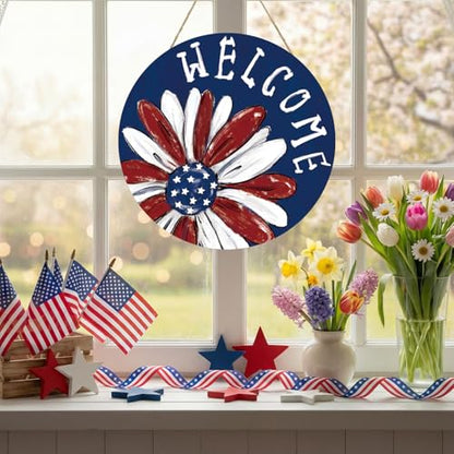 Smile Patriotic Flower Welcome Wooden Round Door Hanger, American Flag Themed Front Door Sign for 4th of July & Memorial Day Decor - style: Patriotic Daisy